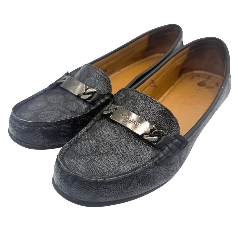 Coach Olive Signature C Black Loafers Size 6B Leather Trim Silver Hardware